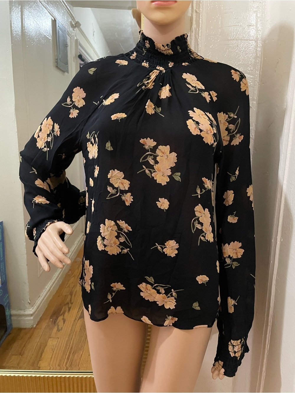 Reformation Black Floral Smocked-Neck Blouse with Peach Flowers